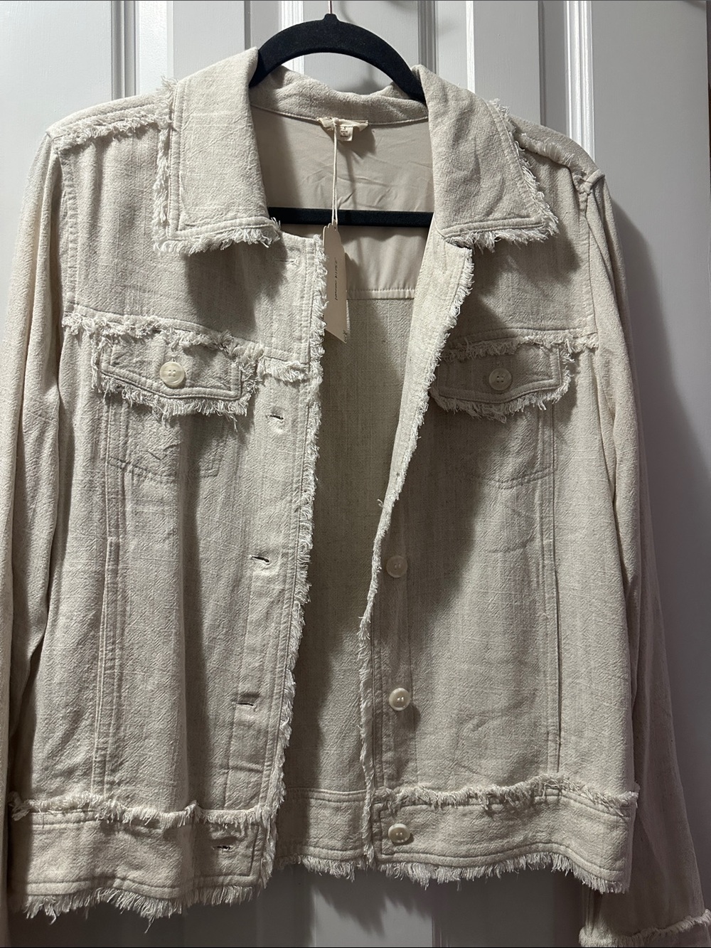 Hem & Thread Cream Frayed-Edge Jean Jacket